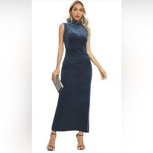 Capuffy Backless Velvet Back Slit Ruched Bodycon Formal Dress High Neck Dress